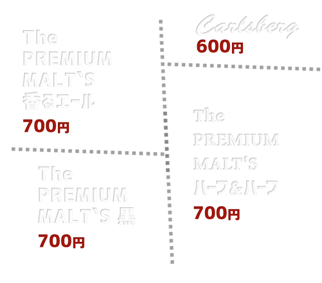The PREMIUM MALT'S香るエール700円 The PREMIUM MALT'S黒700円 The PREMIUM MALT'Sハーフ＆ハーフ700円 Carlsberg600円